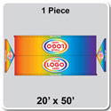 20' x 50' Gable Frame Tent, 1 Piece, 16 oz. Ratchet Top, Full Digital Print, with vibrant colorful design and logo on the canopy.