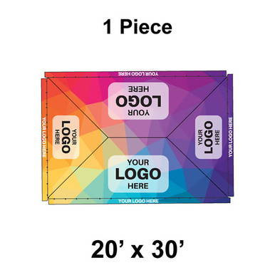20' x 30' Classic Pole Tent, 1 Piece, 16 oz. Ratchet Top, Full Digital Print, featuring customizable logo areas on a colorful geometric design.