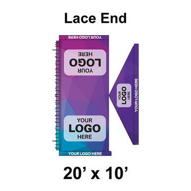 20' x 10' Gable Tent Lace End with Ratchet Top and Full Digital Print, featuring customizable logo area, purple and blue color scheme, and detailed printing on the lace end fabric.