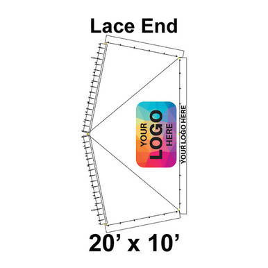 20' x 10' Classic Pole Tent Lace End, Ratchet Top with Logo/Valance Digital Print, detailed diagram of tent corner showing lace end and ratchet top design.
