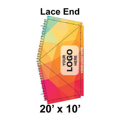 20' x 10' Classic Pole Tent Lace End, Ratchet Top, Full Digital Print, showcasing a colorful, geometric pattern and customizable logo space on the lace end of the tent.