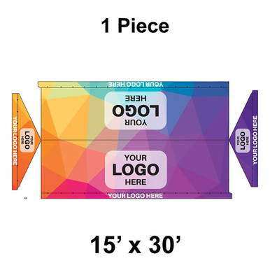 15' x 30' Gable Frame Tent, 1 Piece, 16 oz. Ratchet Top, Full Digital Print with customizable logo areas on the tent walls and cover.