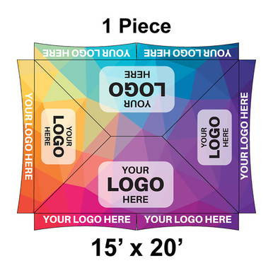 15' x 20' Master Series Frame Tent, 1 Piece, Ratchet Top, Full Digital Print with customizable logo areas and vibrant colorful design.