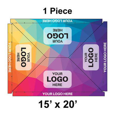 15' x 20' Classic Pole Tent, 1 Piece, 16 oz. Ratchet Top, Full Digital Print, customizable advertising tent with vibrant geometric design and space for logos.