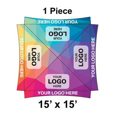 15' x 15' Master Series Frame Tent, 1 Piece, Ratchet Top, Full Digital Print, colorful and customizable event tent graphic with logo placeholders.
