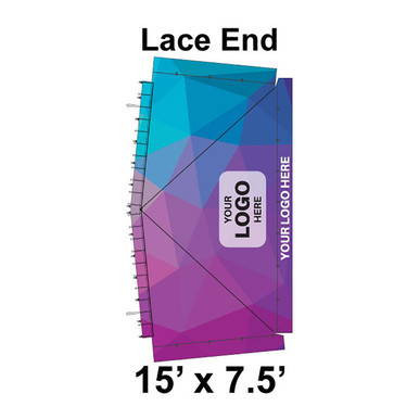 15' x 7.5' Classic Frame Tent Lace End, 16 oz. Ratchet Top, Full Digital Print, with geometric design in shades of blue and purple, featuring a customizable logo placeholder.