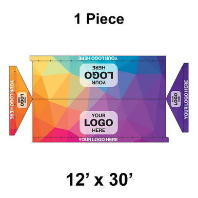 12' x 30' Gable Frame Tent, 1 Piece, 16 oz. Ratchet Top, Full Digital Print, with customizable logo areas and vibrant graphic design.