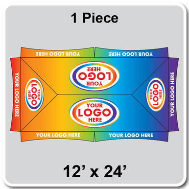 12' x 24' Master Series Frame Tent, 1 Piece, 16 oz. Ratchet Top, Full Digital Print, showcasing customizable sidewalls with vibrant color sections and logo placement areas for branding.