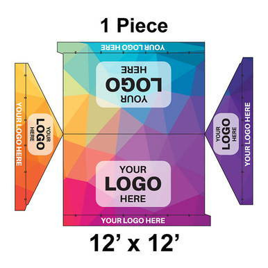 12' x 12' Gable Frame Tent, 1 Piece, 16 oz. Ratchet Top, Full Digital Print, product packaging design with customizable logo areas and colorful geometric background.