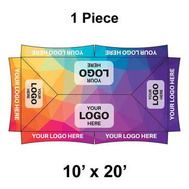 10' x 20' Master Series Frame Tent, 1 Piece, 16 oz. Ratchet Top, Full Digital Print, showcasing a colorful customized event tent with space for logos and branding.