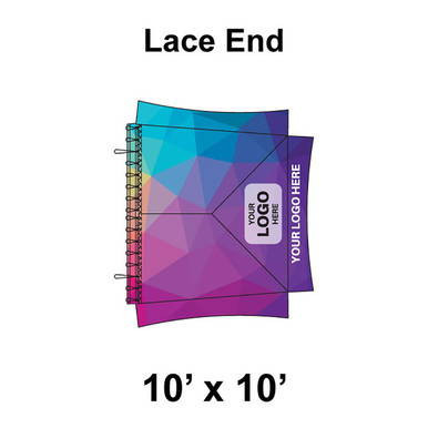 10' x 10' Master Series Frame Tent Lace End, 16 oz. Ratchet Top, Full Digital Print, featuring a colorful geometric design with lace end detail and customizable logo space.