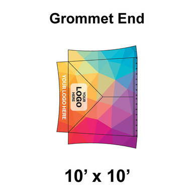 10' x 10' Master Series Frame Tent Grommet End, full digital print with vibrant multicolor pattern, ratchet top, designed for outdoor events and commercial use.