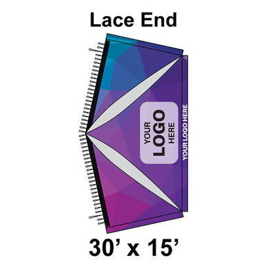 30' x 15' Premiere I High Peak Tent Lace End with full digital print, 16 oz. ratchet top, showcasing an outdoor event tent with vibrant color graphics and durable fabric.