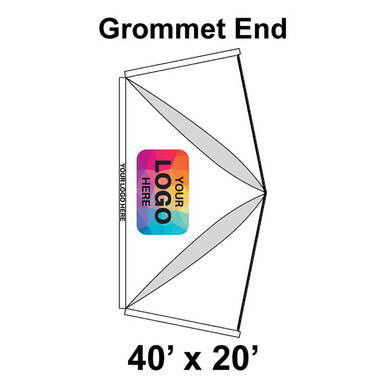 40' x 20' Premiere High Peak Tent Grommet End with Logo/Valance Print, 16 oz. ratchet top, detailed illustration of grommet placement and tent dimensions.