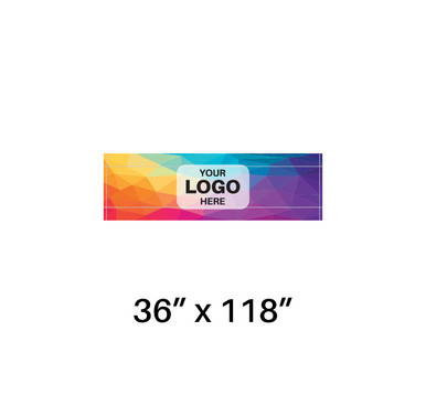 Celina Tent 36" x 118" Printed Rail Curtain, colorful rainbow gradient with customizable logo placeholder.