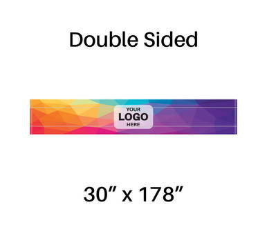 Celina Tent 30" x 178" DblPrint Rail Curtain, double-sided fabric with colorful geometric design and customizable logo space.