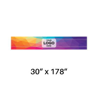 Celina Tent 30" x 178" Printed Rail Curtain, colorful marketing banner with customizable logo space and product dimensions.