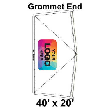 40' x 20' Classic Pole Tent Grommet End, Ratchet Top, Logo/Valance Print Only, with a diagram showing the grommet end and customizable logo area.