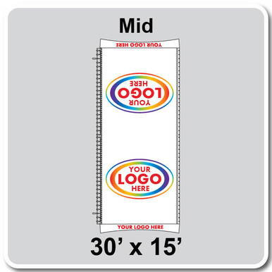 30' x 15' Master Series Frame Tent Mid, 16 oz. Ratchet Top, Logo/Valance Print Only, showing a fabric banner with customizable logos and valance print for event branding and advertising.