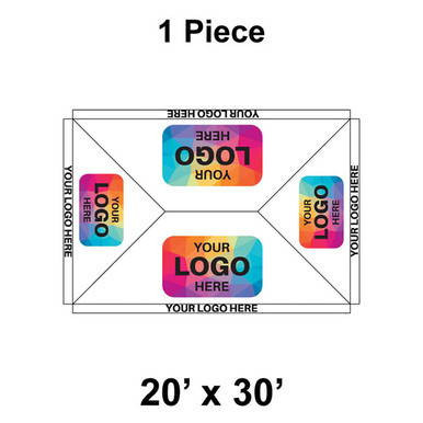 20' x 30' Premiere High Peak Tent, 1 Piece with Ratchet Top, Logo/Valance Print Only, showing a colorful tent with customizable logo area on all four sides.