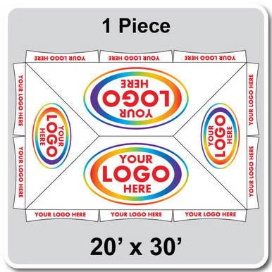 20' x 30' Master Series Frame Tent, 1 Piece, 16 oz. Ratchet Top, Logo/Valance Print Only, showing a tent with custom logo and valance print design.