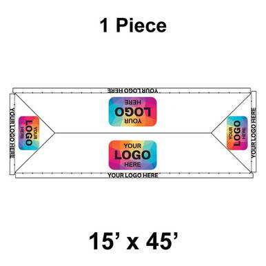 15' x 45' Classic Pole Tent, 1 Piece, 16 oz. Ratchet Top, Logo/Valance Print Only, showing the tent layout with customizable logo spaces and printed valance for branding.