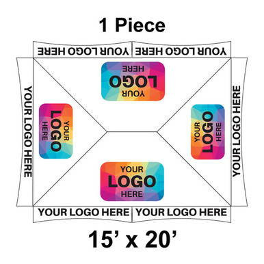 15' x 20' Master Series Frame Tent, 1 Piece, Ratchet Top, Logo/Valance Print Only, illustration showing the tent layout with customizable logo and valance areas.