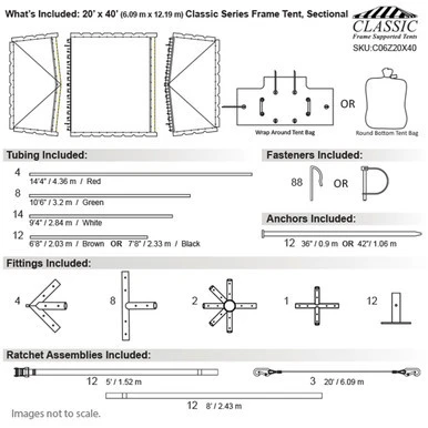 20 x 40 Classic Series Frame Tent, Sectional Tent Top, Complete with diagrams of components, tubing, fasteners, anchors, fittings, and ratchet assemblies for assembly and setup.