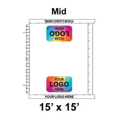 15' x 15' Classic Frame Tent Mid, 16 oz. Ratchet Top, Logo/Valance Print Only, showing the layout with customizable logo and valance print area on a white background.