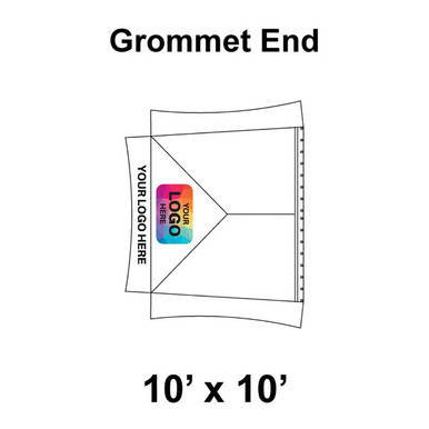 10' x 10' Master Series Frame Tent Grommet End, image showing the grommet end with logo and valance print design.