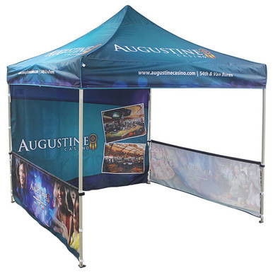 Celina Tent Fast Shade Package 10-1, blue portable pop-up canopy tent with promotional graphics and partial sidewalls for outdoor events and advertising.