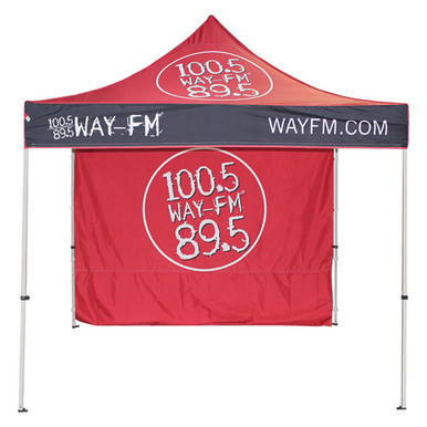 10' Full Print Fast Shade Backdrop, red and black outdoor promotional tent with radio station branding, canopy with station logos and website URL.