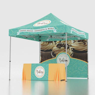 10' Full Print Fast Shade Backdrop, a portable canopy tent with printed bakery-themed graphics for outdoor events and promotional displays.