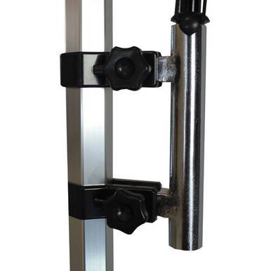 Aluminum Fast Shade Flag Mount, close-up view of the durable aluminum flag mounting bracket with adjustable knobs and support pole.