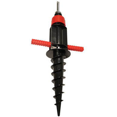 Screw In Flag Anchor, close-up of a screw-in flag anchor with a pointed spiral metal screw, handles, and a red top cap for secure installation.