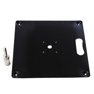 Plate Weight Flag Anchor, black metal square plate with four screw holes and a handle cutout, accompanied by a metal bolt