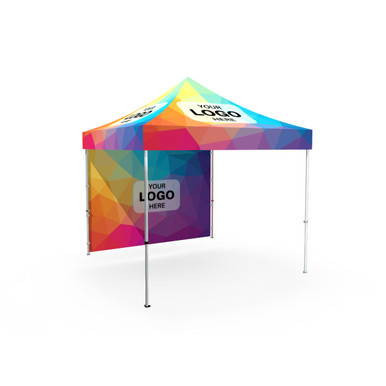 Celina Tent Fast Shade Package 10-5, colorful pop-up shade tent with logo branding and four metal legs for outdoor events and gatherings.