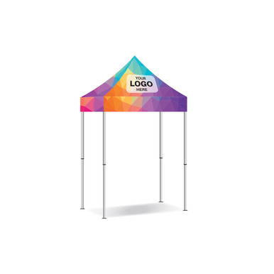 Celina Tent Fast Shade Package 7A, colorful portable canopy tent with a custom logo space at the top and four white metal legs for outdoor event shading.