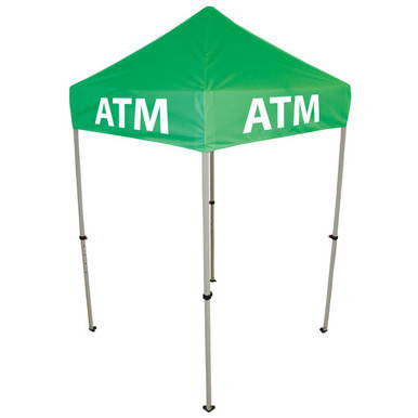 Celina Tent Fast Shade Package 7A, green outdoor canopy tent with ATM logos on the top, supported by four metal poles.