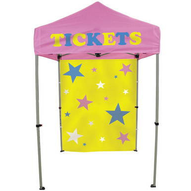 Celina Tent Fast Shade Package 7B, a pink and yellow pop-up canopy tent with colorful star and ticket booth design for outdoor events.