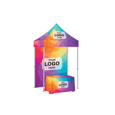 Fast Shade Package 7C, colorful portable event canopy tent with a table cover featuring a vibrant geometric pattern and customizable logo areas
