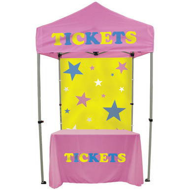 Fast Shade Package 7C, pink canopy tent with colorful star patterns and a table with a pink cloth displaying 'TICKETS' in multicolored letters.