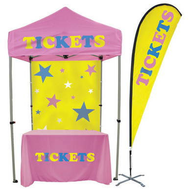 Celina Tent Fast Shade Package 7D, colorful outdoor tent with a pink canopy, yellow background, star patterns, and a matching table and flag for event ticket sales.