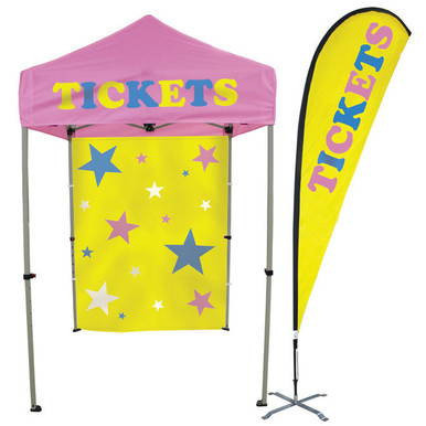 Celina Tent Fast Shade Package 7E, colorful tent with pink canopy and yellow backdrop decorated with stars, along with a yellow tear-drop shaped banner displaying Tickets in vibrant colors.
