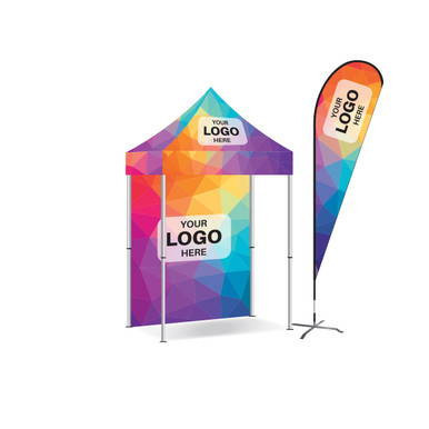 Celina Tent Fast Shade Package 7E, customizable promotional pop-up canopy tent with vibrant poly colorful fabric and matching banner for outdoor advertising or events.