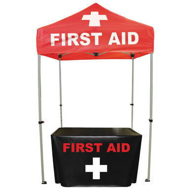 Celina Tent Fast Shade Package 7F, red and black outdoor first aid tent with white cross symbols for emergency medical support.