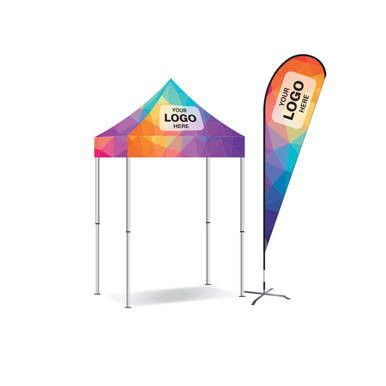 Celina Tent Fast Shade Package 7H, colorful canopy tent with a vibrant geometric pattern and a matching branding banner.