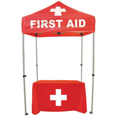 Fast Shade Package 7J, portable red emergency first aid tent with white cross symbol and matching table cover.