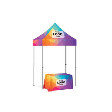 Fast Shade Package 7J, colorful canopy tent with a branded logo on the top and a matching table cover underneath