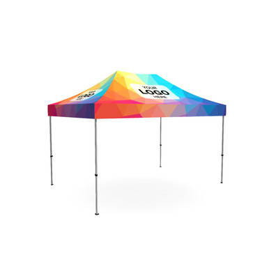 Celina Tent Fast Shade Package 15-1, colorful outdoor canopy tent with a logo display and metal legs.